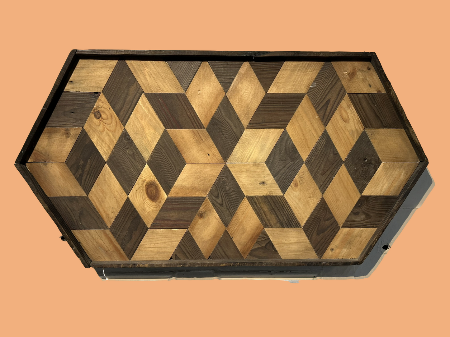 Six Sided Two Tone Diamond Shaped Reclaimed Wood Wall Art.