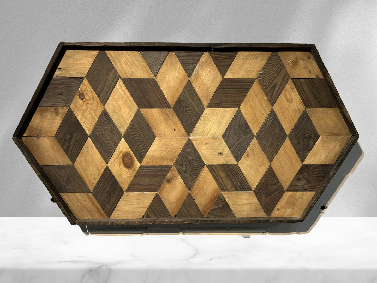 Six Sided Two Tone Diamond Shaped Reclaimed Wood Wall Art.
