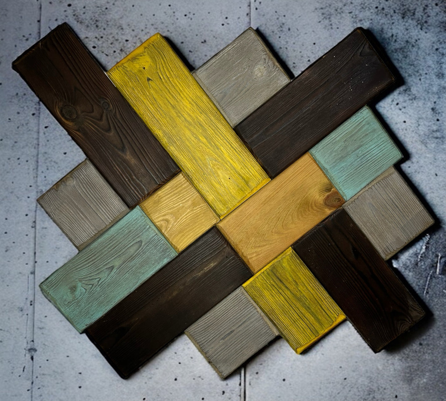 Multi Coloured Reclaimed Deck Block Wall Art.