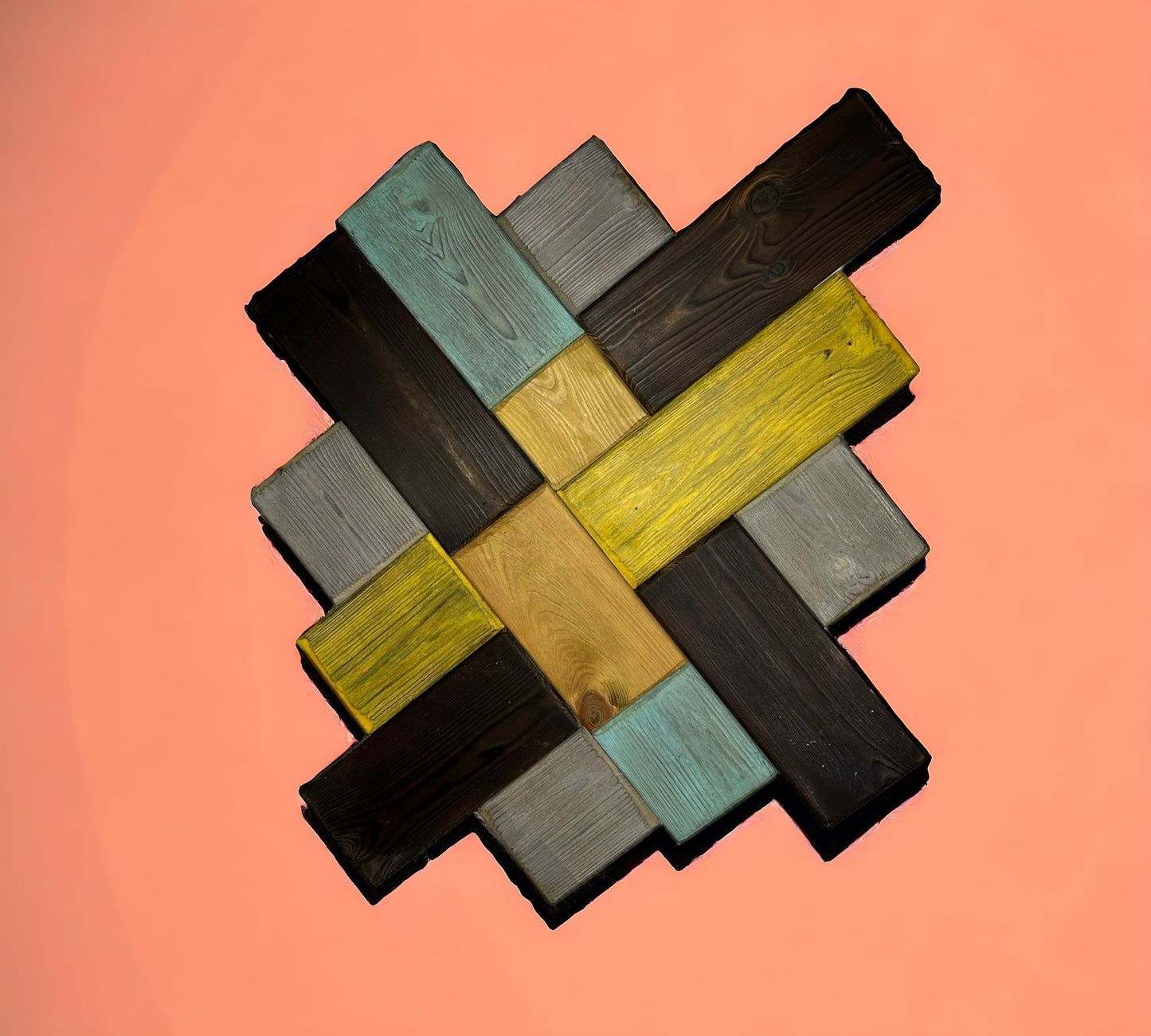 Multi Coloured Reclaimed Deck Block Wall Art.