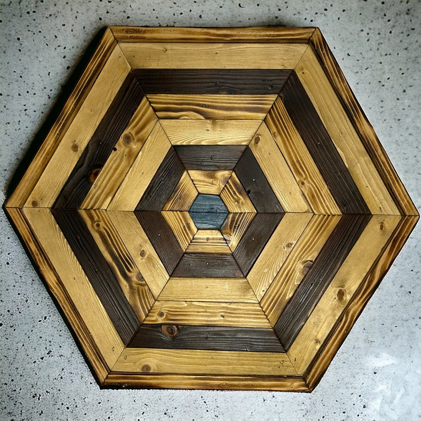 Hexagonal Blue Centred Multi Piece Reclaimed Wood Wall Art