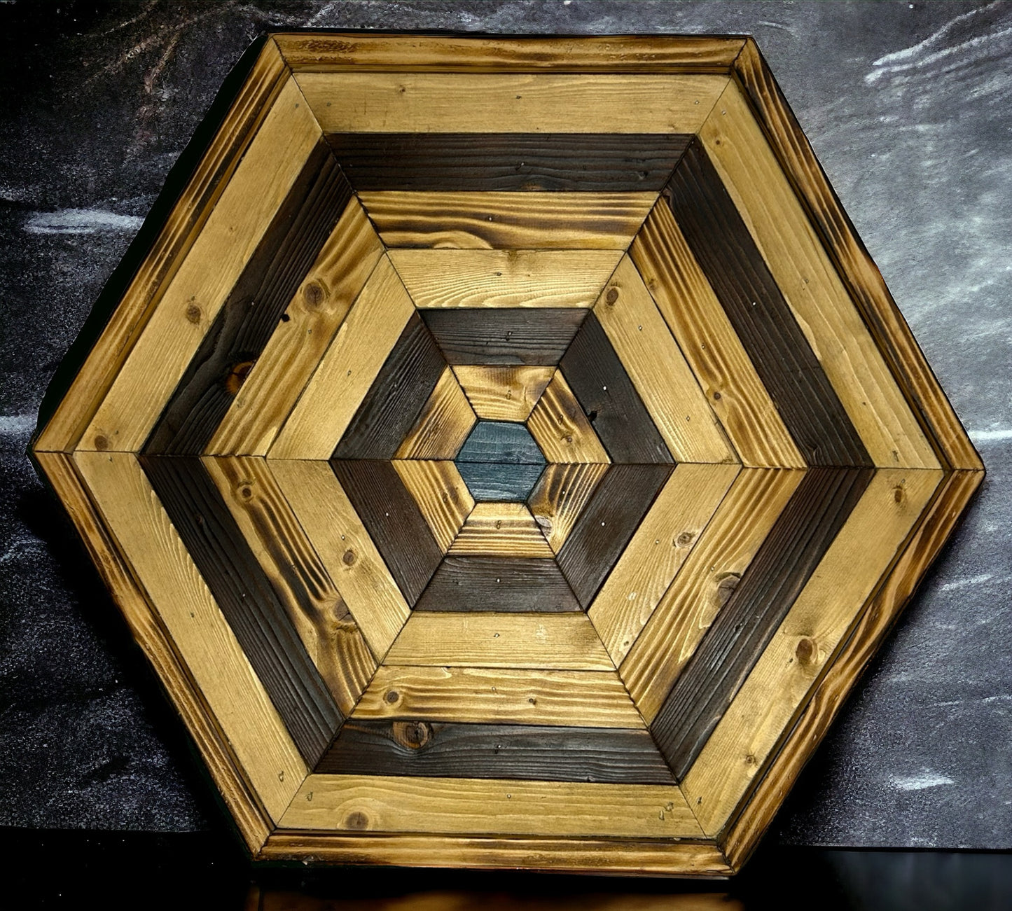 Hexagonal Blue Centred Multi Piece Reclaimed Wood Wall Art