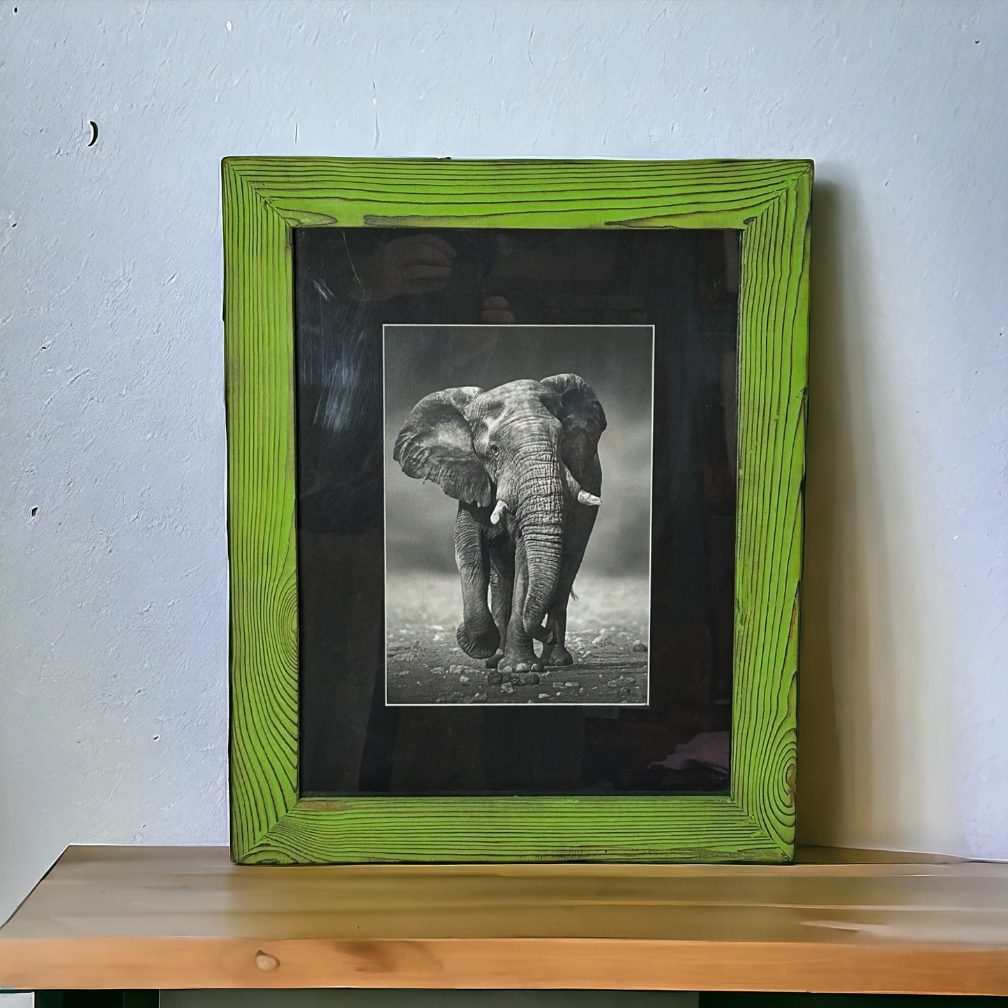 Elephant in Black and White Framed in Green Reclaimed Wood.