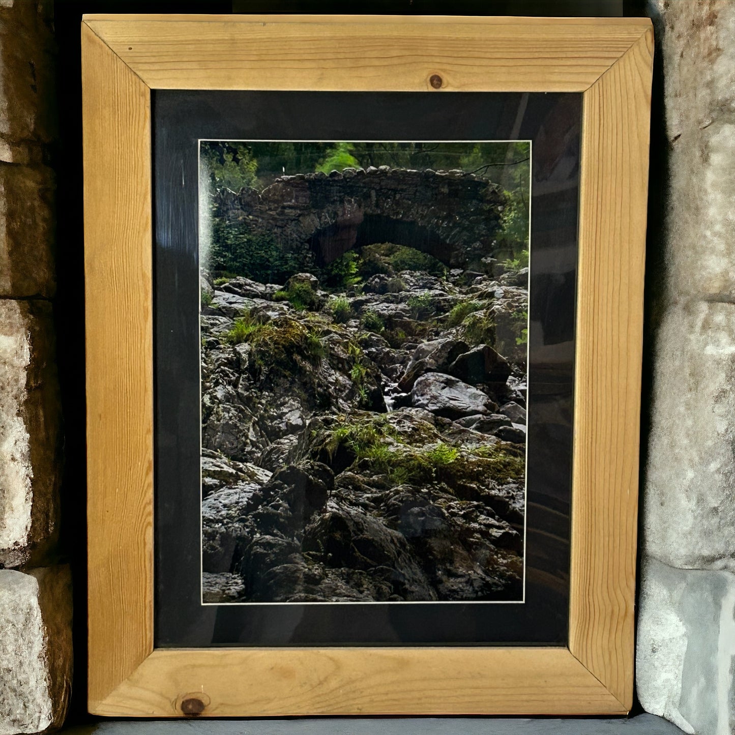 Stunning Bridge and Rock Scene in Reclaimed Wood Frame.
