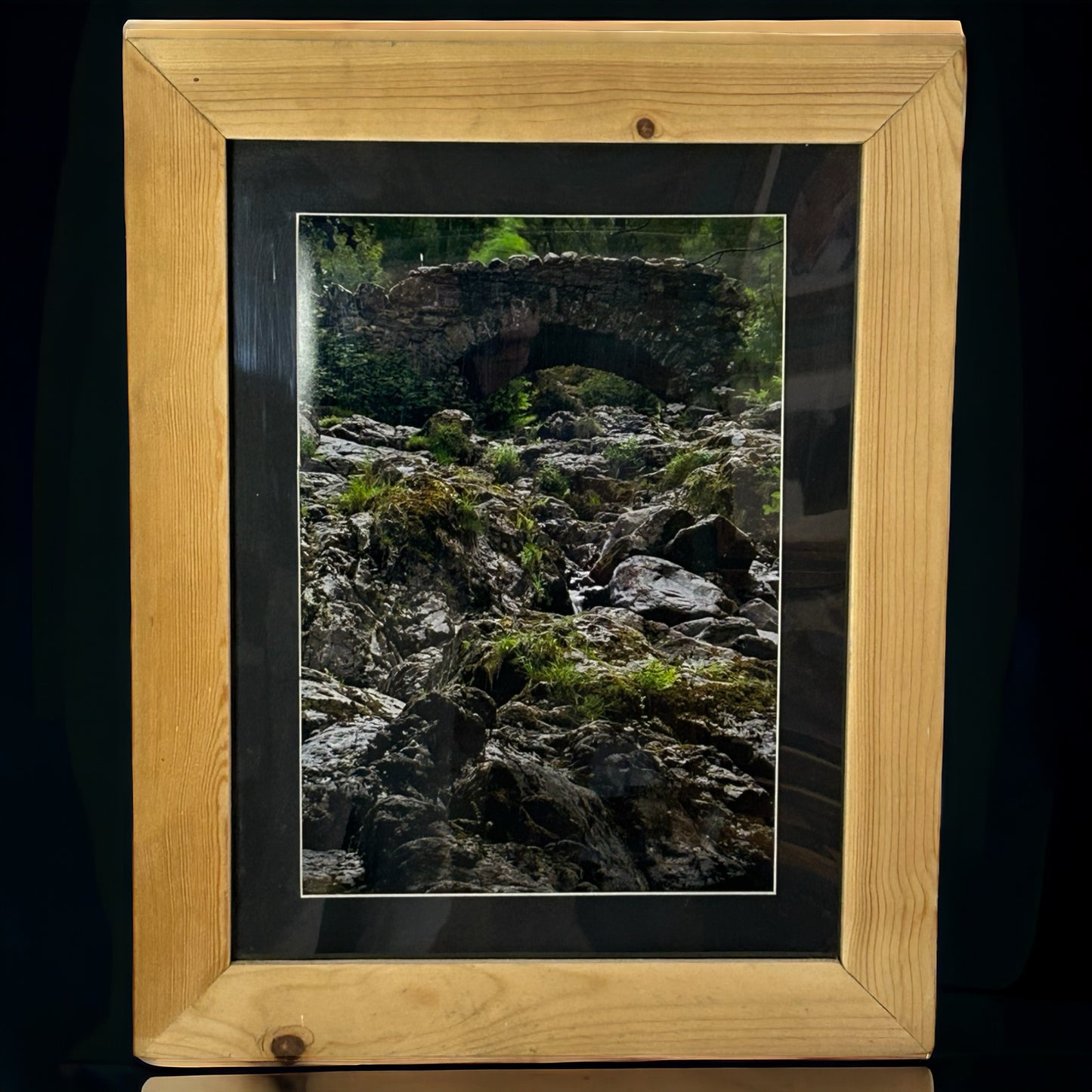 Stunning Bridge and Rock Scene in Reclaimed Wood Frame.