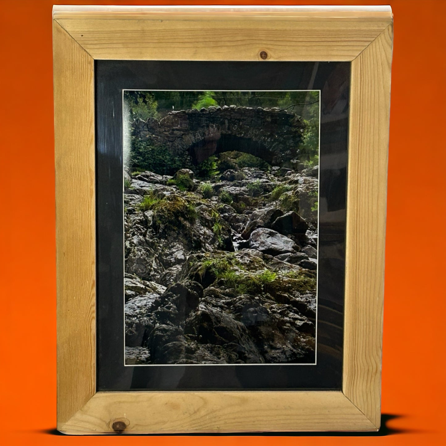 Stunning Bridge and Rock Scene in Reclaimed Wood Frame.