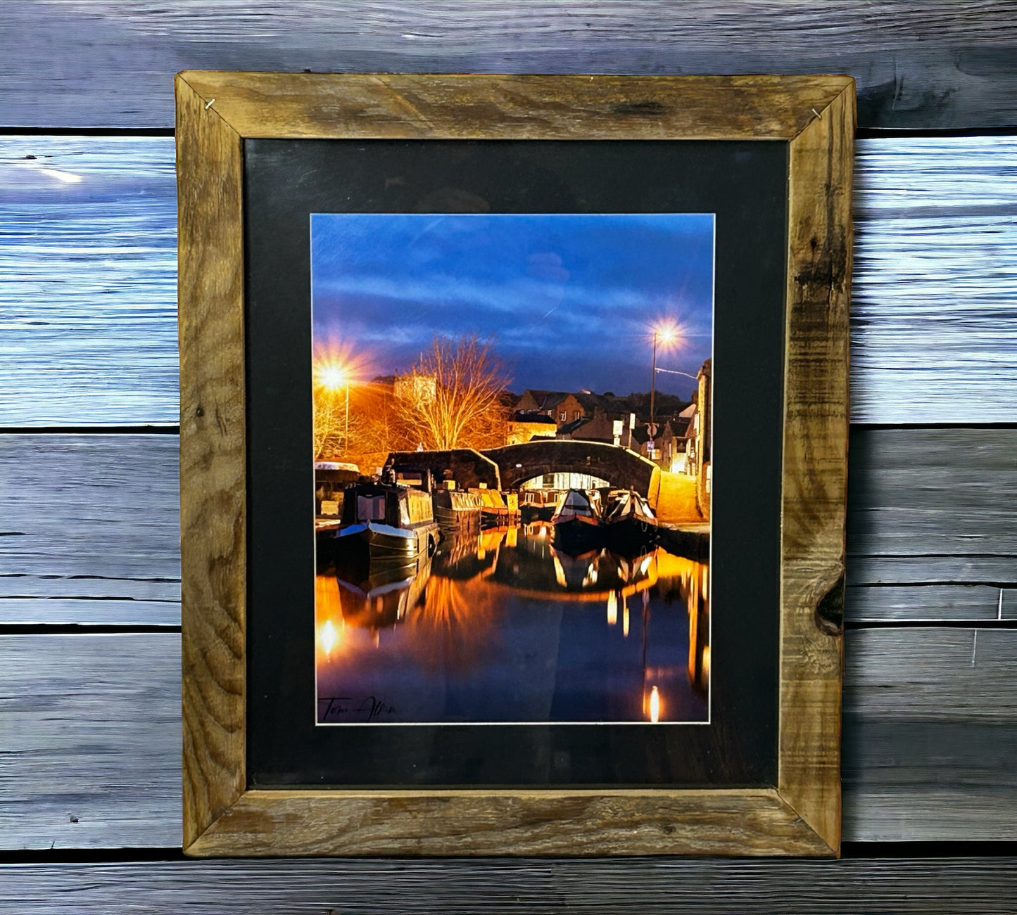 Skipton Night Canal Framed in Unique Reclaimed Wood.