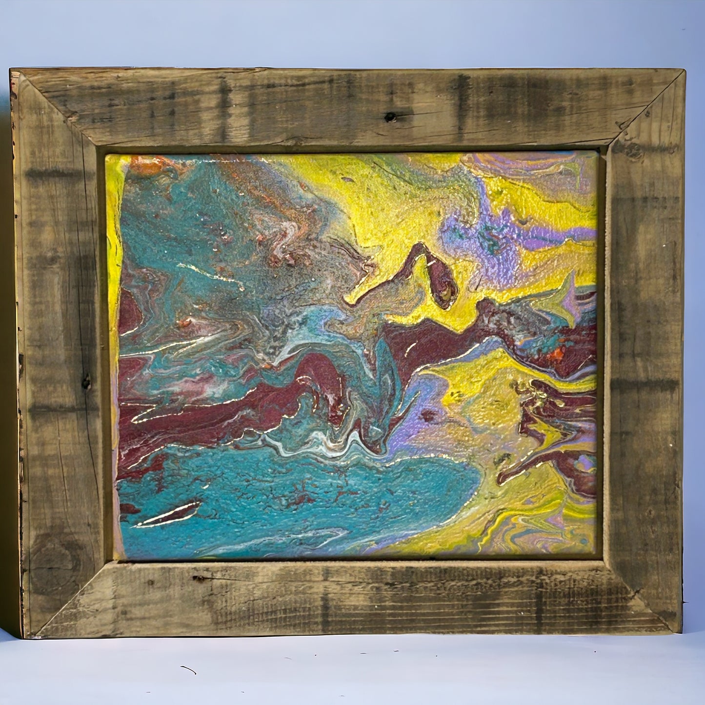 Colourful Hand Painted Canvas Framed with Reclaimed Wood.