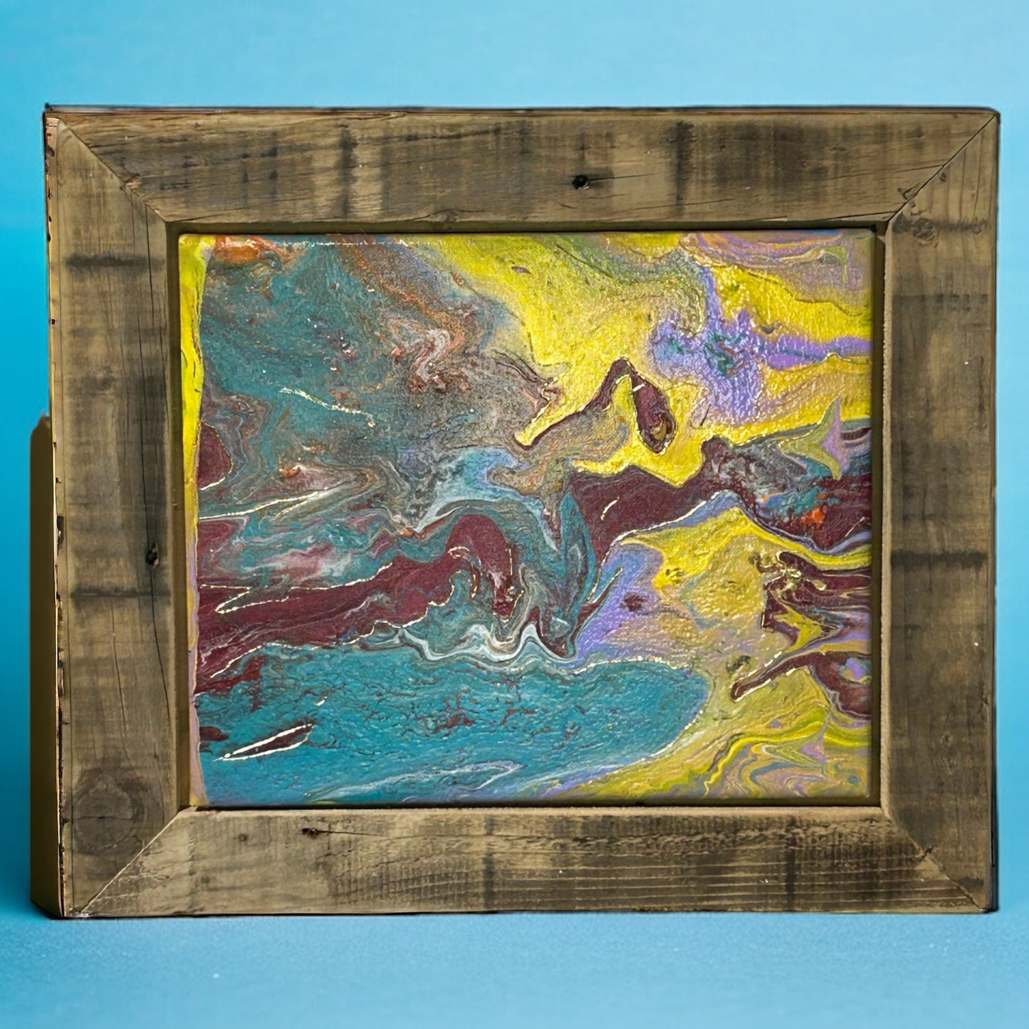 Colourful Hand Painted Canvas Framed with Reclaimed Wood.