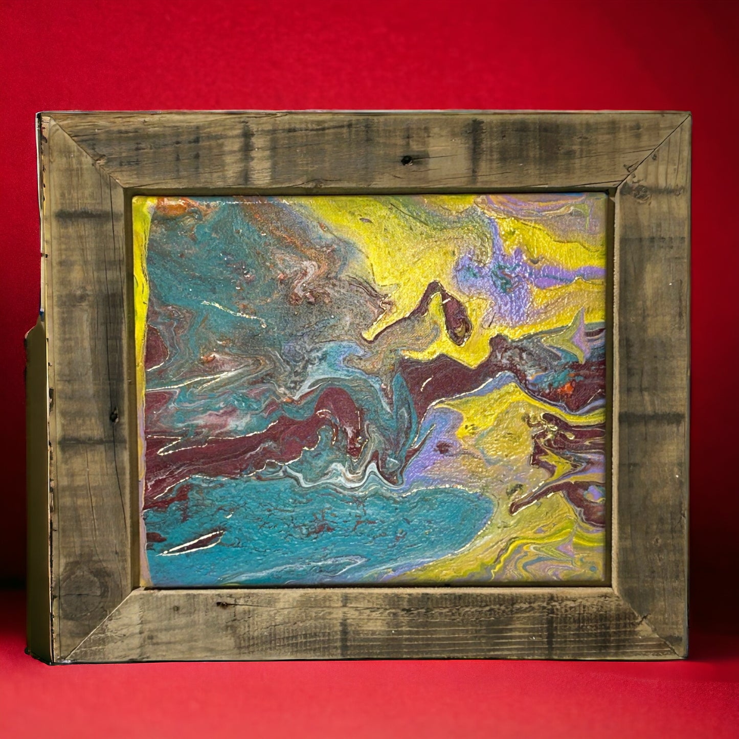 Colourful Hand Painted Canvas Framed with Reclaimed Wood.