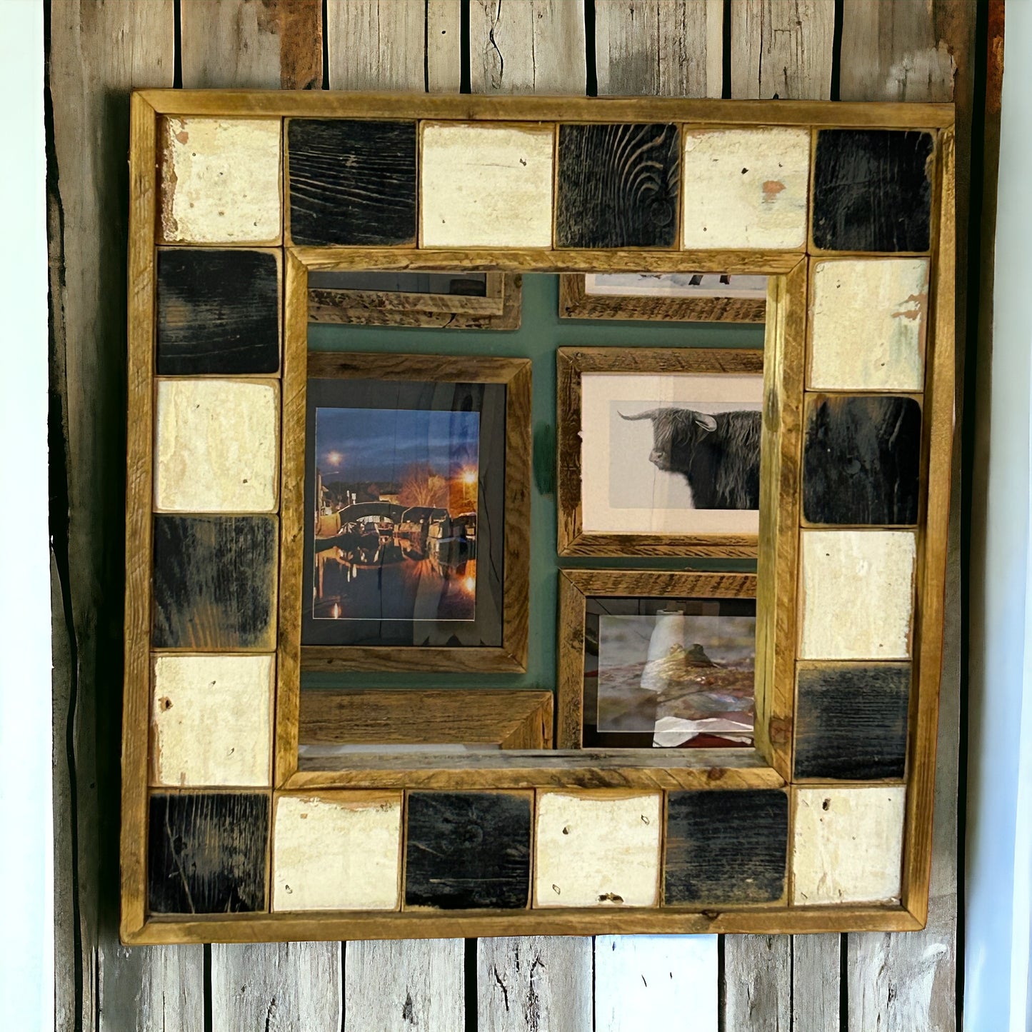 Black and White Squared Reclaimed Wood Mirror.