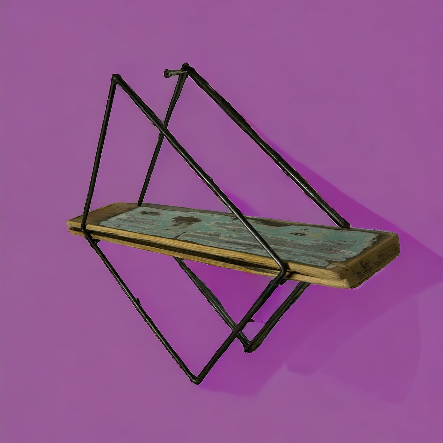 Rustic Reclaimed Waste Wood Single Shelf in Metal Frame