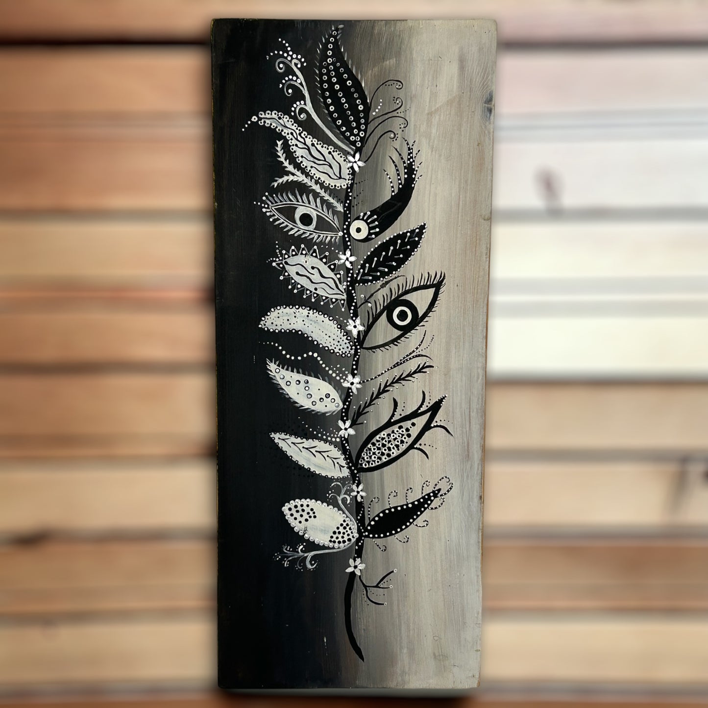 Hand Painted Leaves in Black and White on Reclaimed Wood.