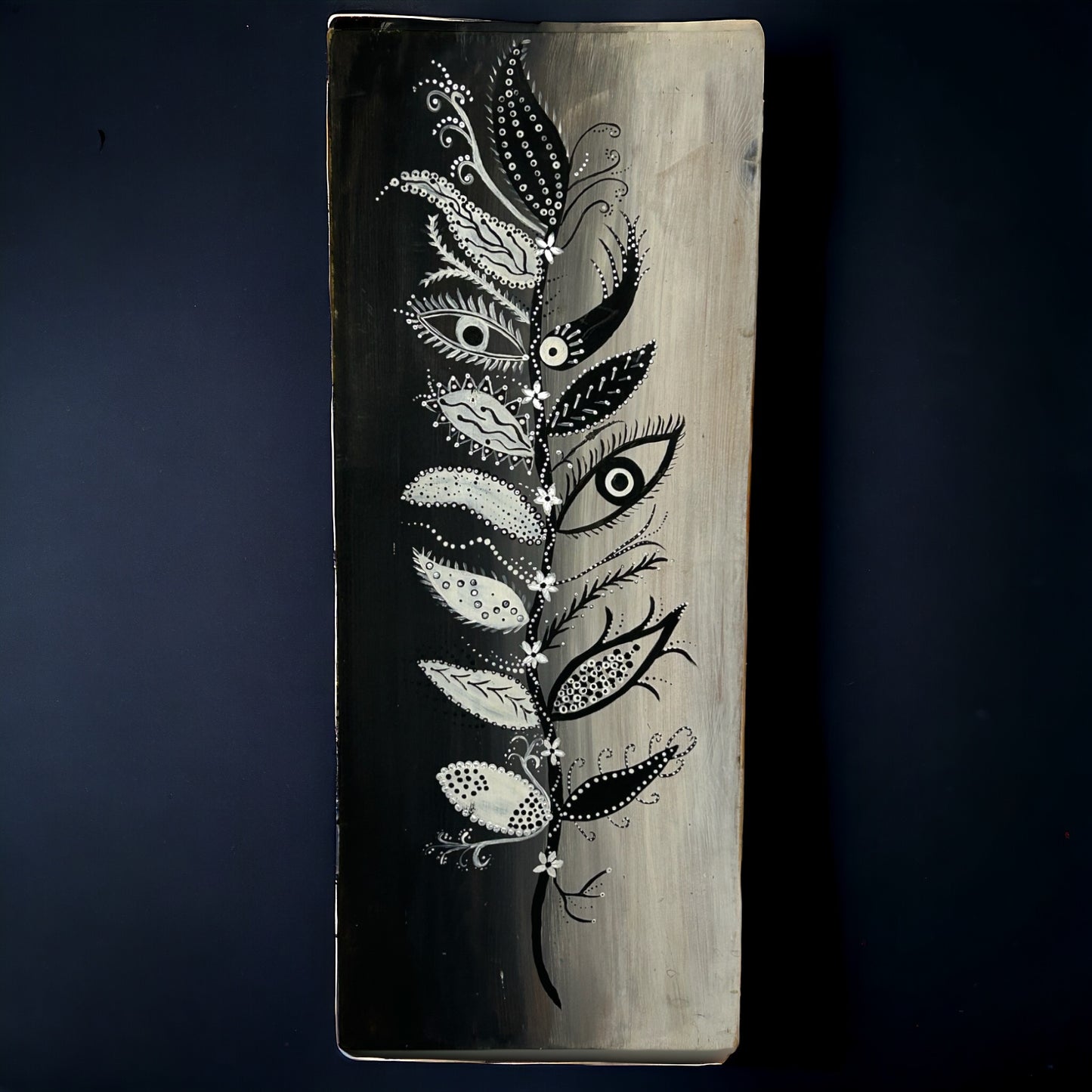 Hand Painted Leaves in Black and White on Reclaimed Wood.