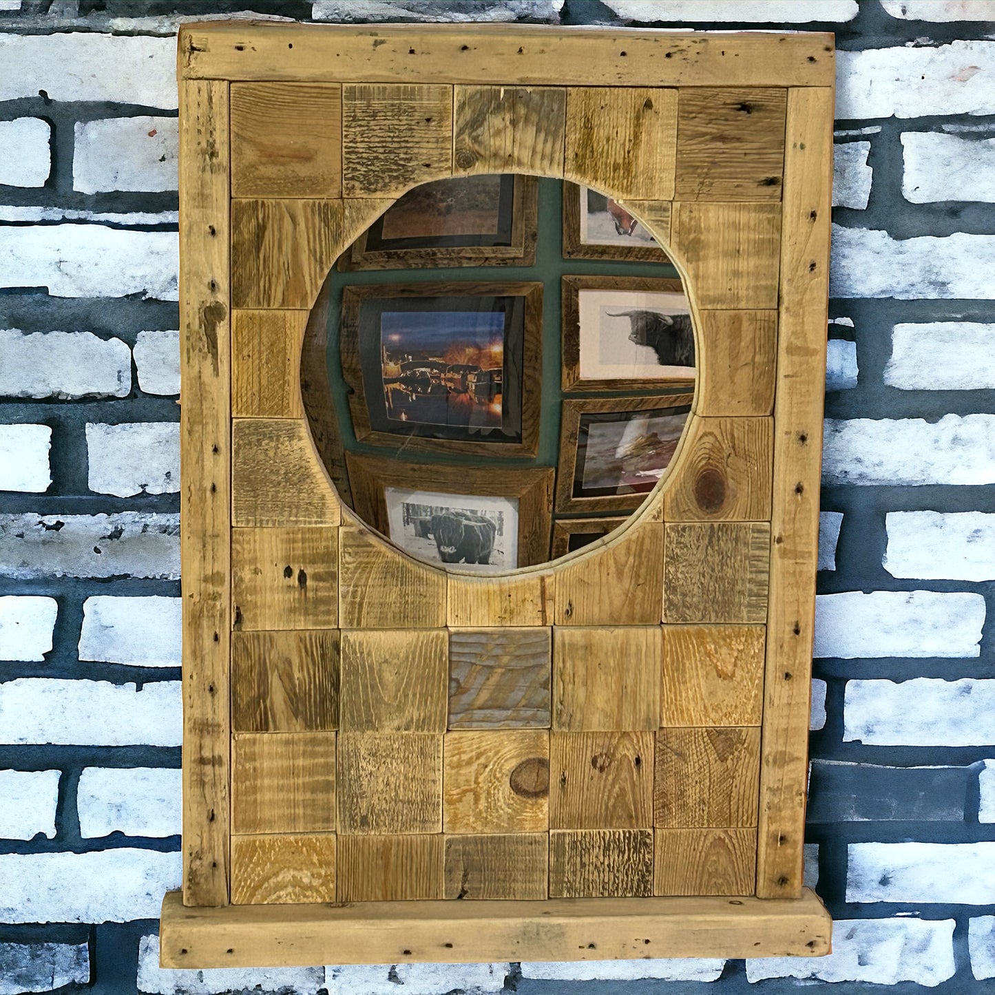 Reclaimed Wood Block Framed Circular Mirror.