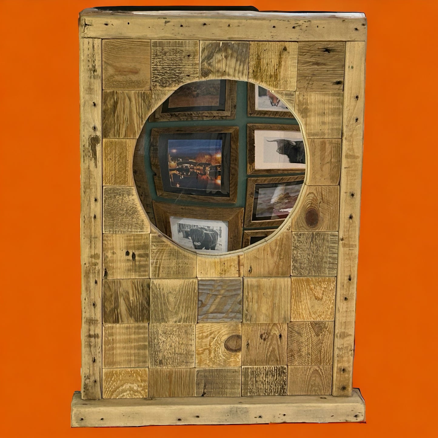 Reclaimed Wood Block Framed Circular Mirror.