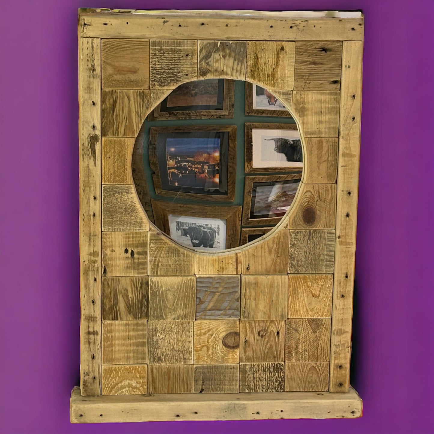Reclaimed Wood Block Framed Circular Mirror.