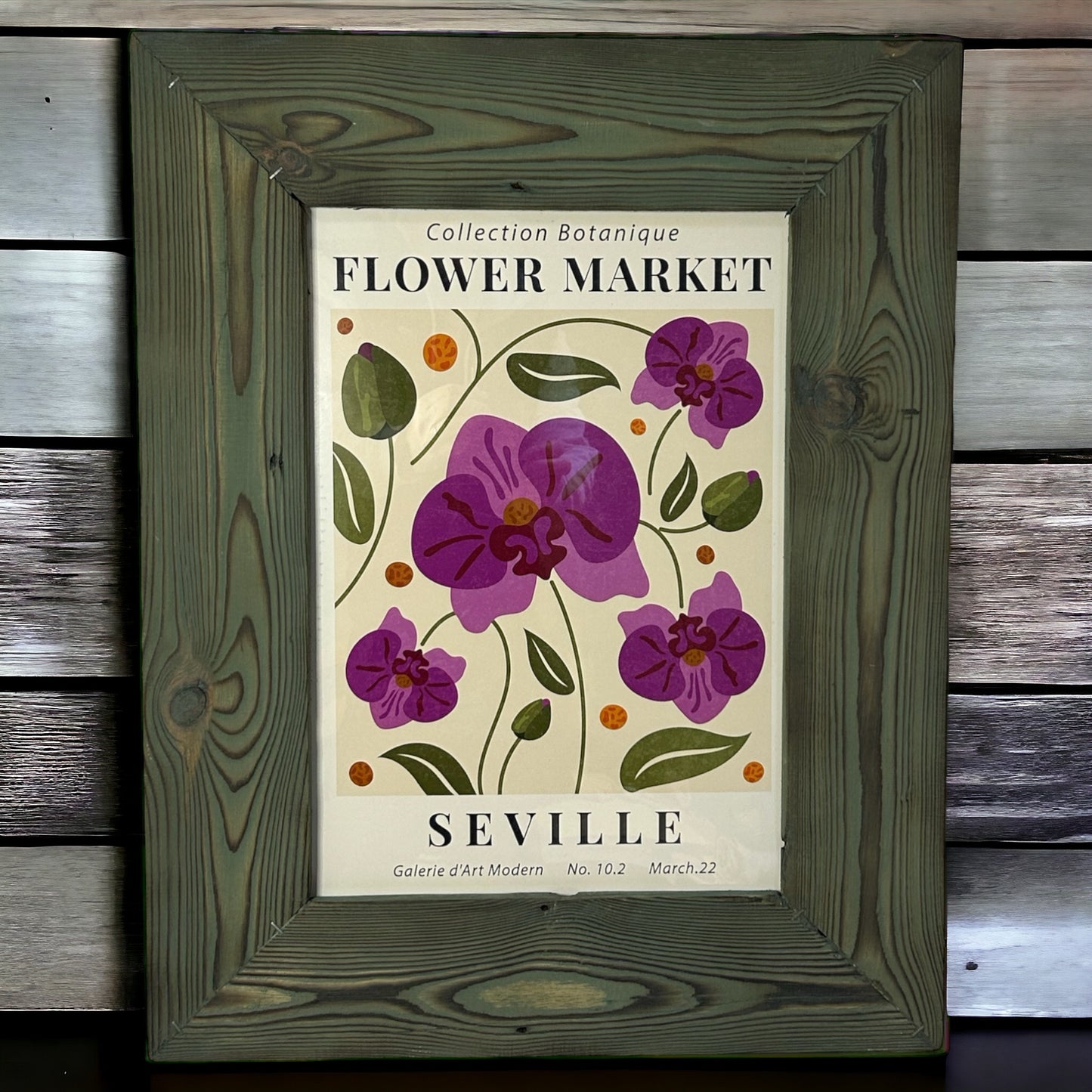 Flower Market Seville Print in Green Timber Cladding Effect Reclaimed Frame.