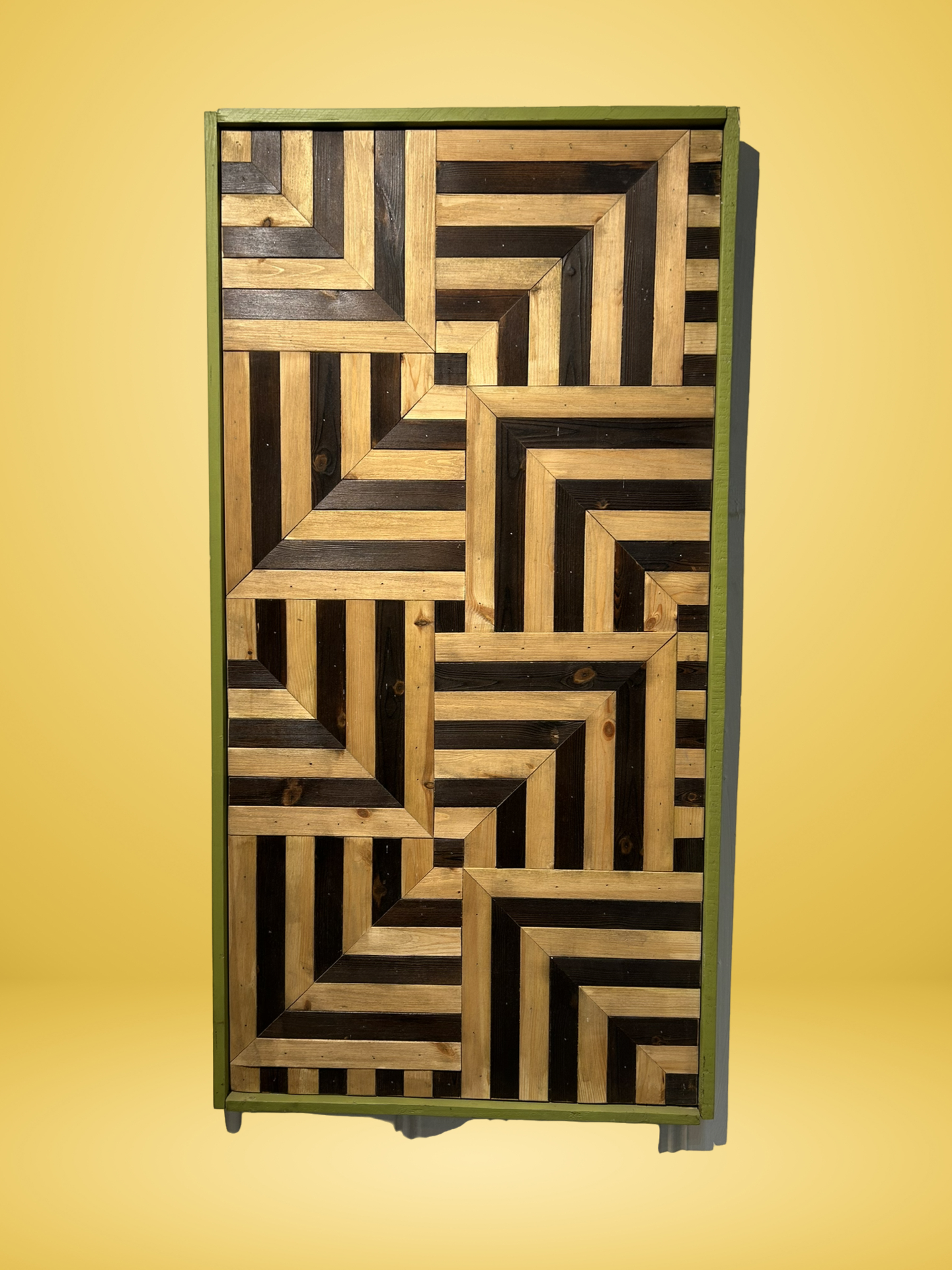 Two tone geometric reclaimed wood wall art with green border