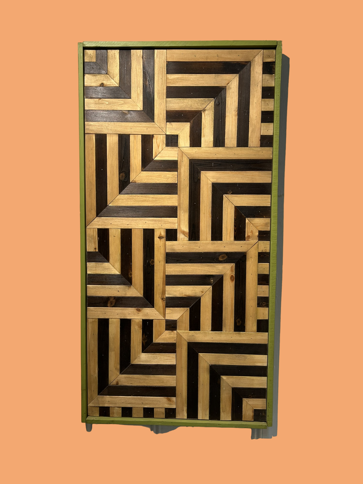 Two tone geometric reclaimed wood wall art with green border