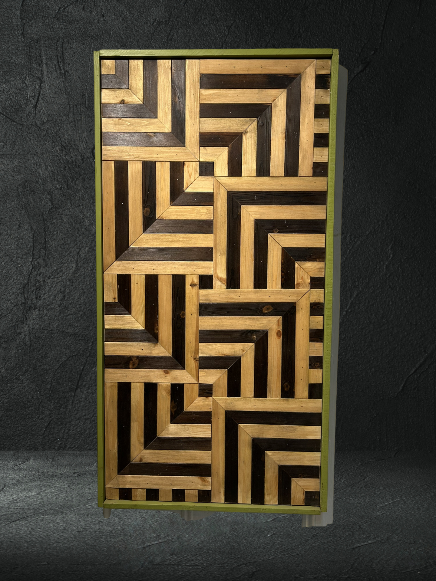 Two tone geometric reclaimed wood wall art with green border