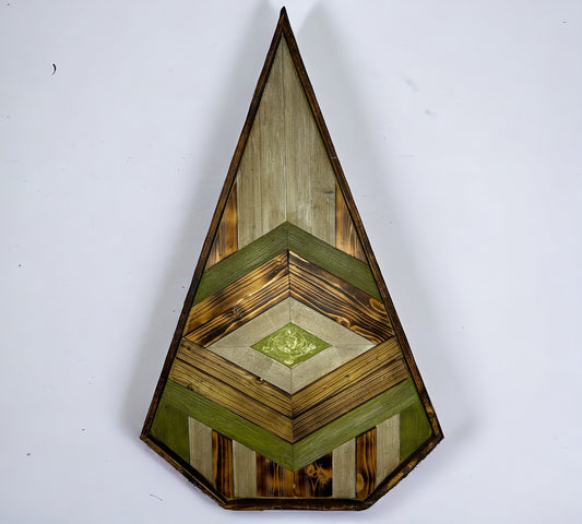 A Patterned Pointed Dynamic Green Piece of Reclaimed Wood Wall Art.