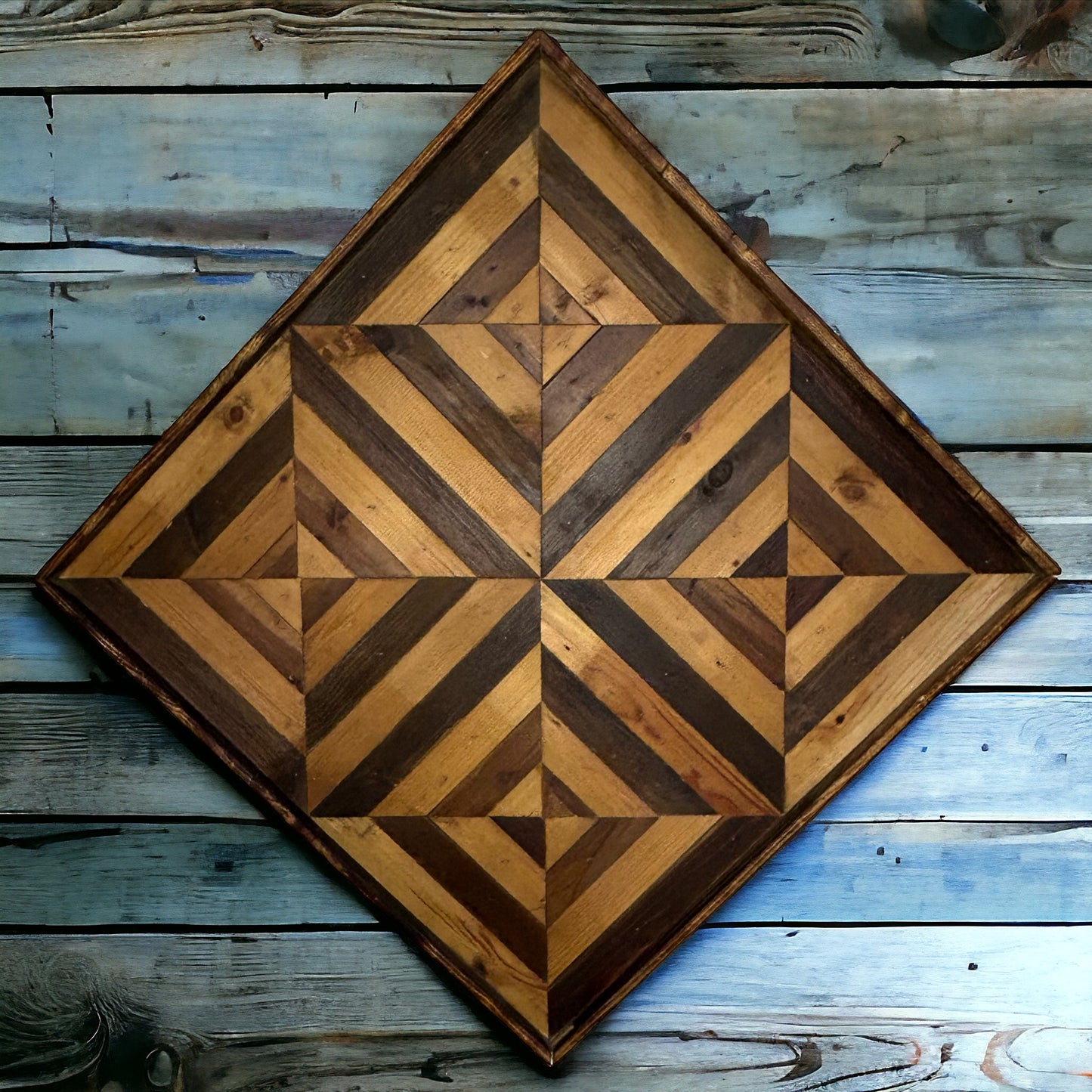 Two Square Kaleidoscopic Rustic Reclaimed Wood Wall Art. 