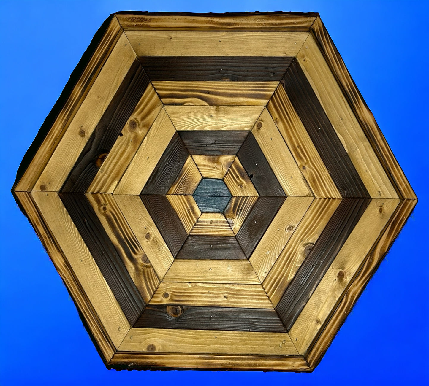 Hexagonal Blue Centred Multi Piece Reclaimed Wood Wall Art