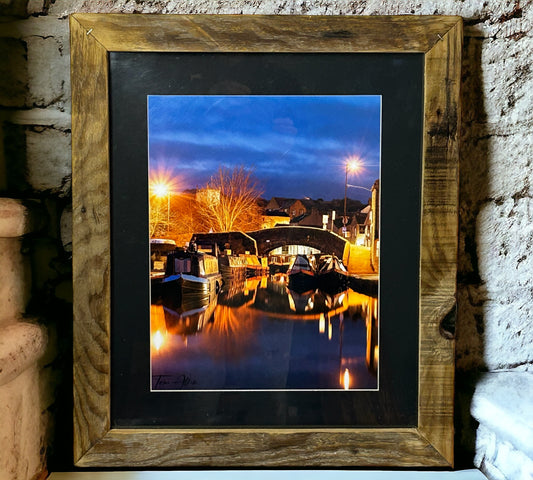 Skipton Night Canal Framed in Unique Reclaimed Wood. 