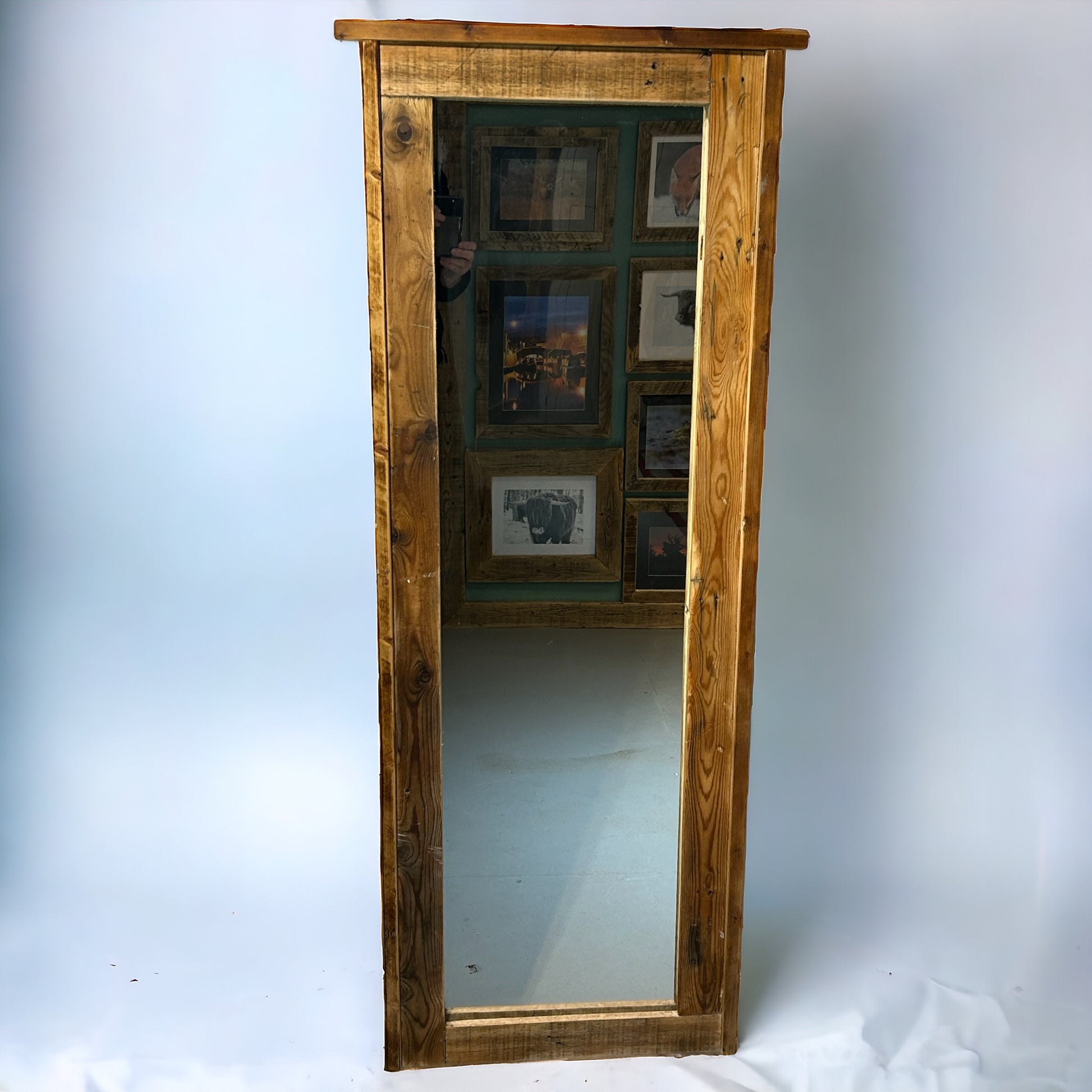 Large Mirror in Rustic Reclaimed Wood Surround. 