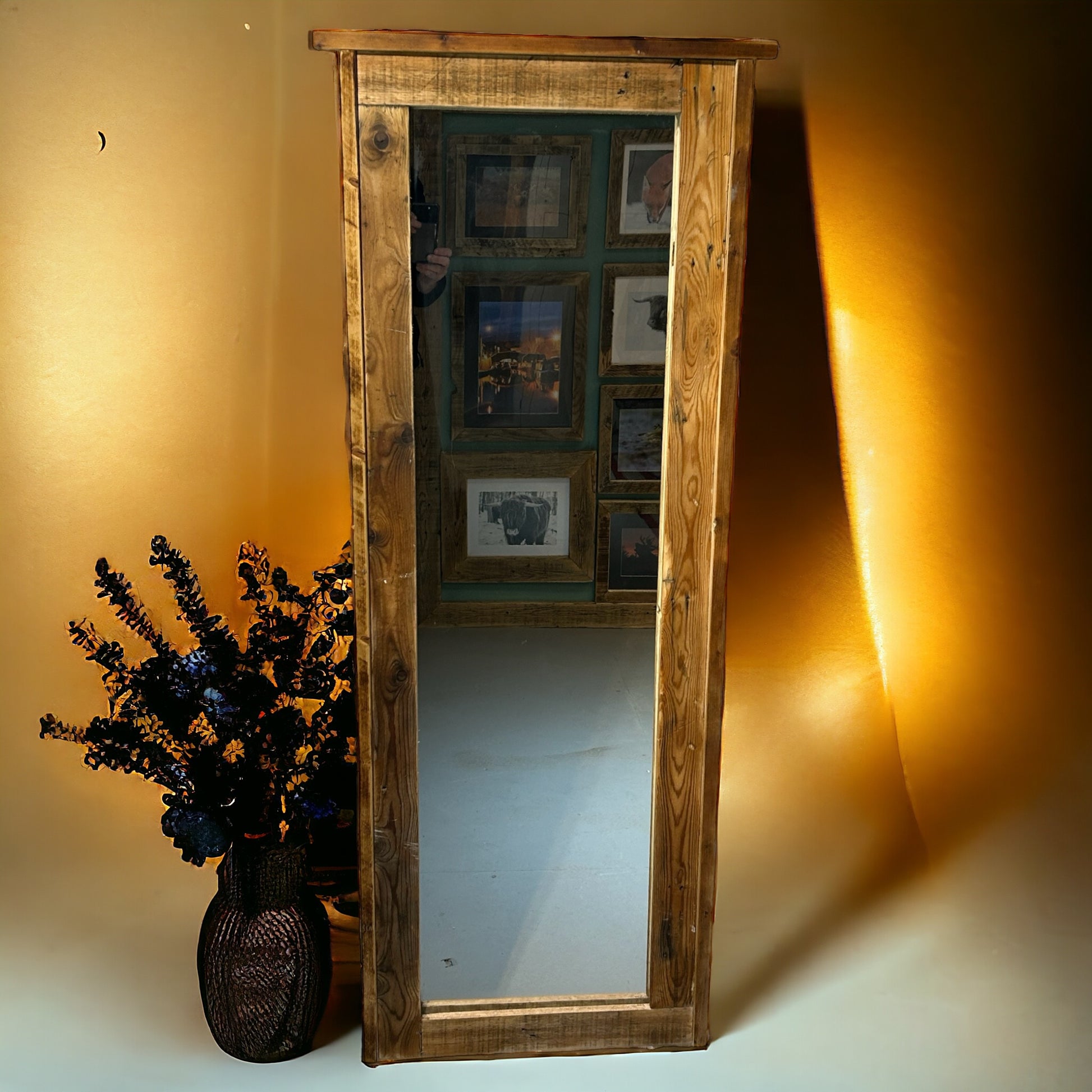 Large Mirror in Rustic Reclaimed Wood Surround. 