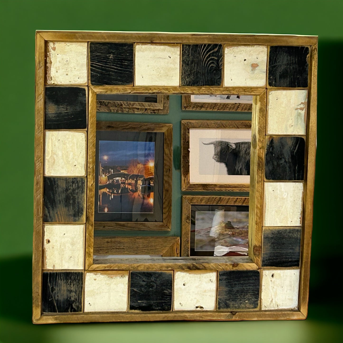 Black and White Squared Reclaimed Wood Mirror. 