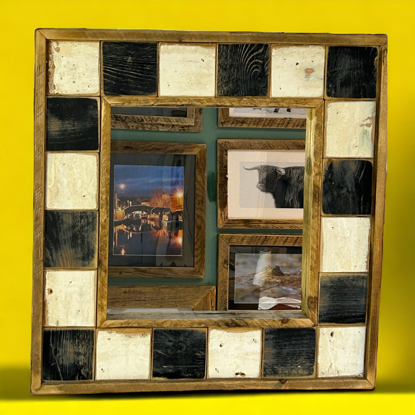 Black and White Squared Reclaimed Wood Mirror. 