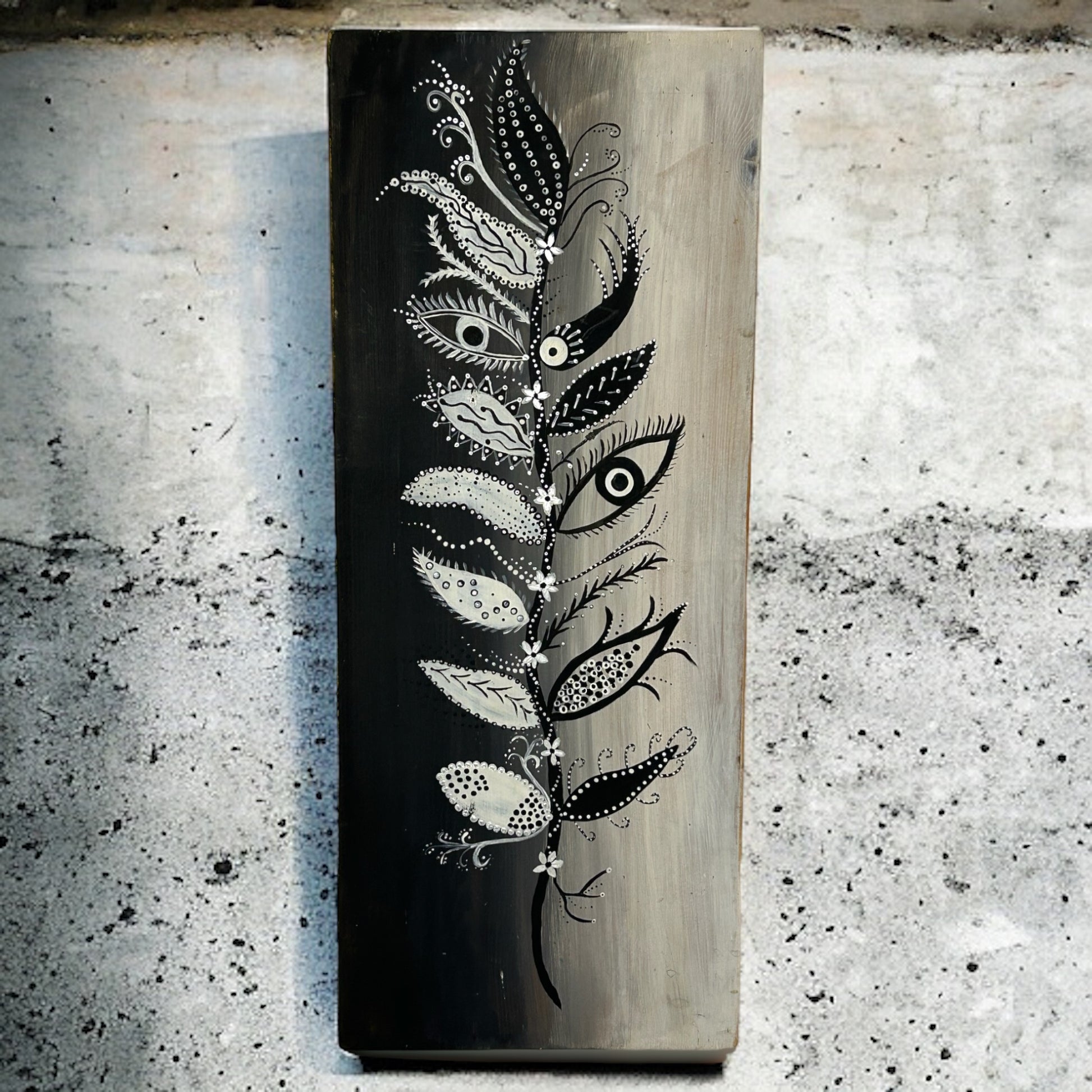 Hand Painted Leaves in Black and White on Reclaimed Wood.