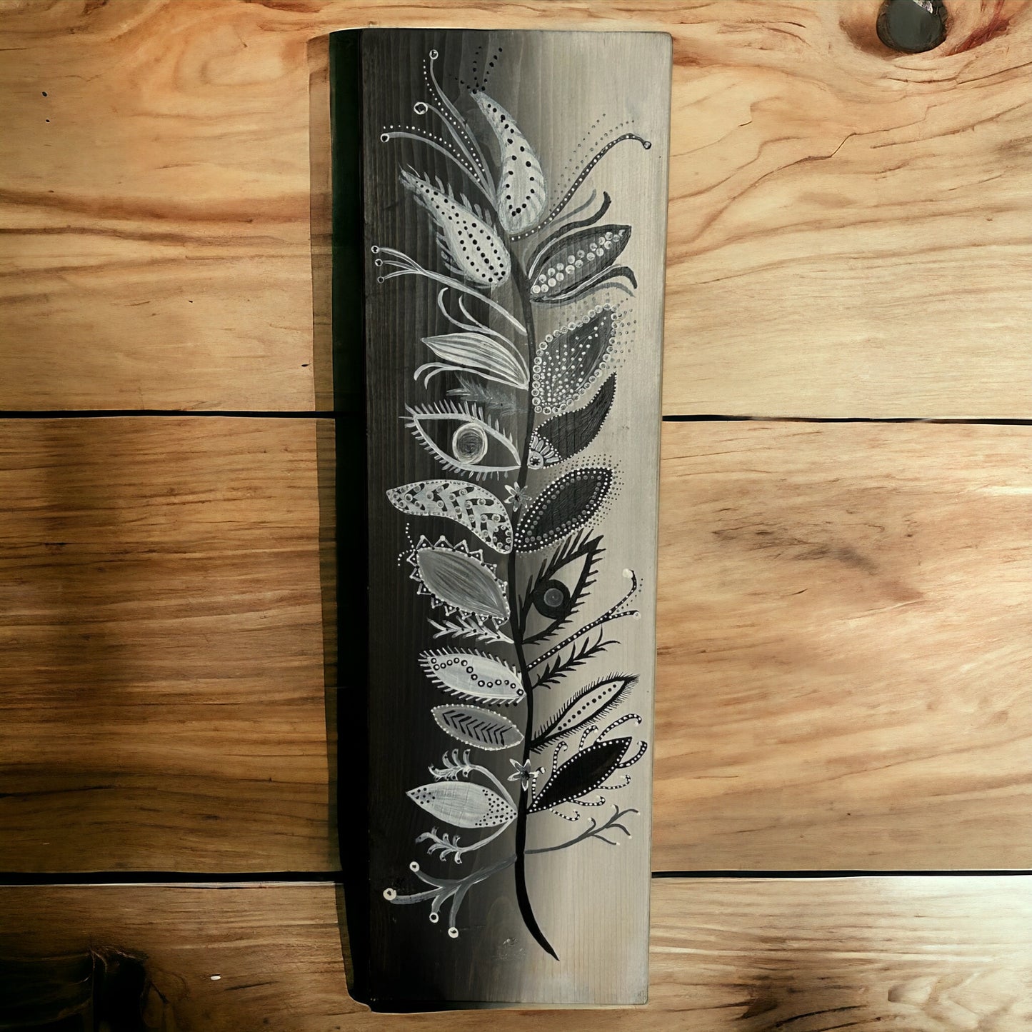 Black and White Hand Painted Stem on Reclaimed Wood.