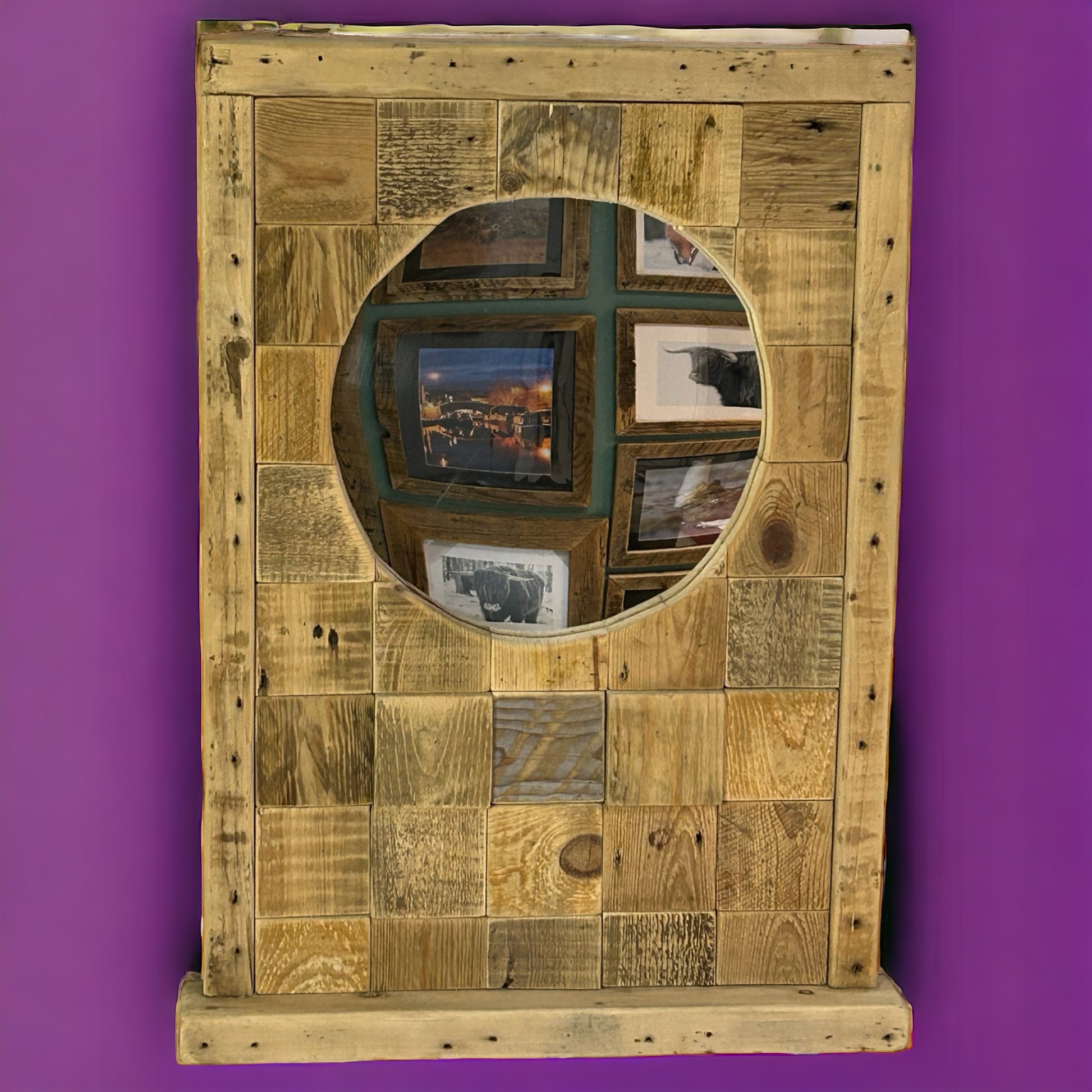 Reclaimed Wood Block Framed Circular Mirror.  