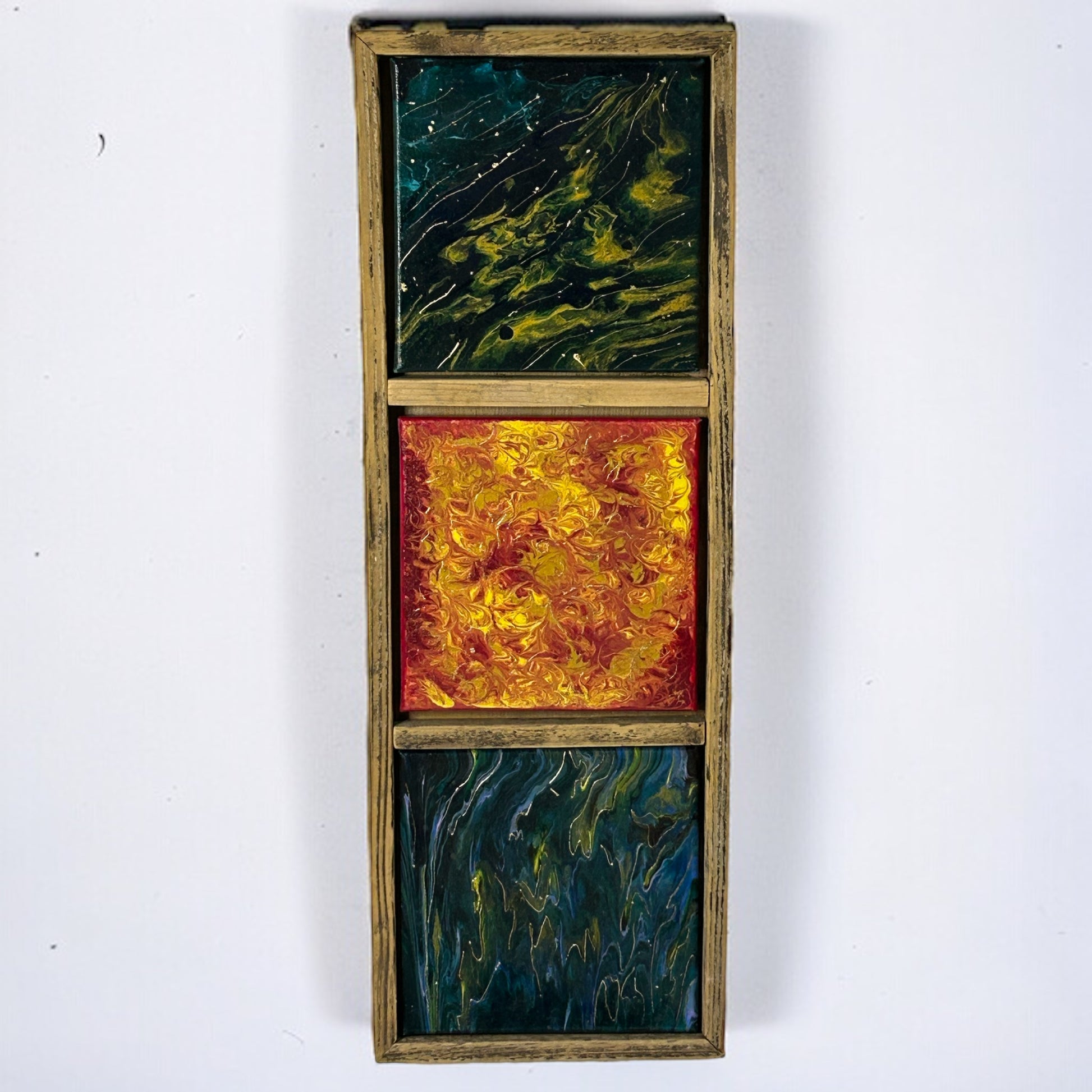 Hand Painted Canvas x 3 in Reclaimed Wood Frame. 