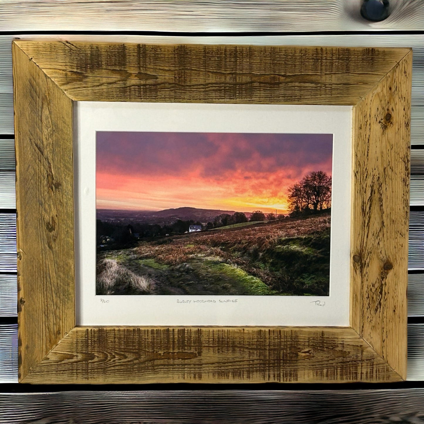 ‘Burley Woodhead Sunrise’Framed in Reclaimed Wood. 