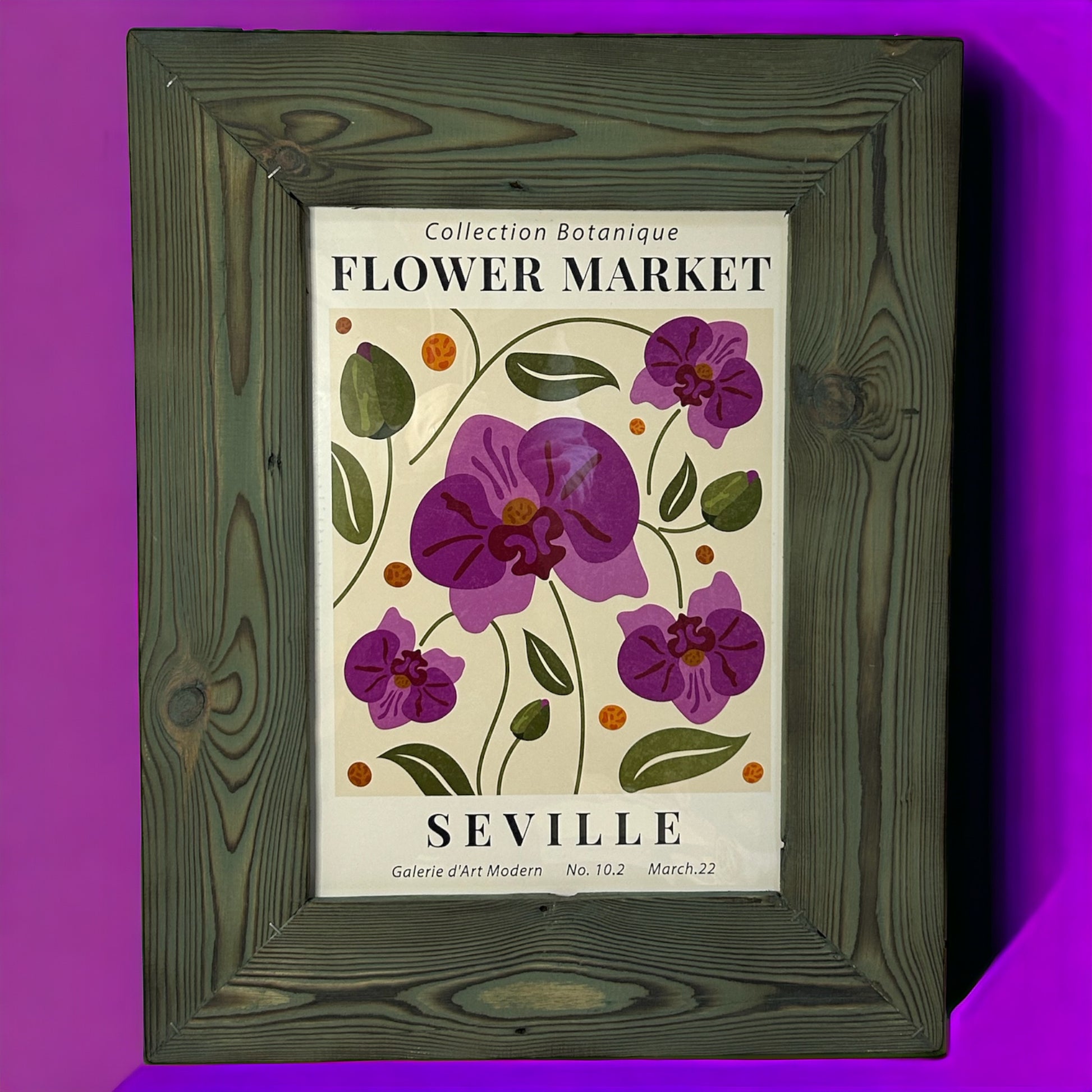 Flower Market Seville Print in Green Timber Cladding Effect Reclaimed Frame. 