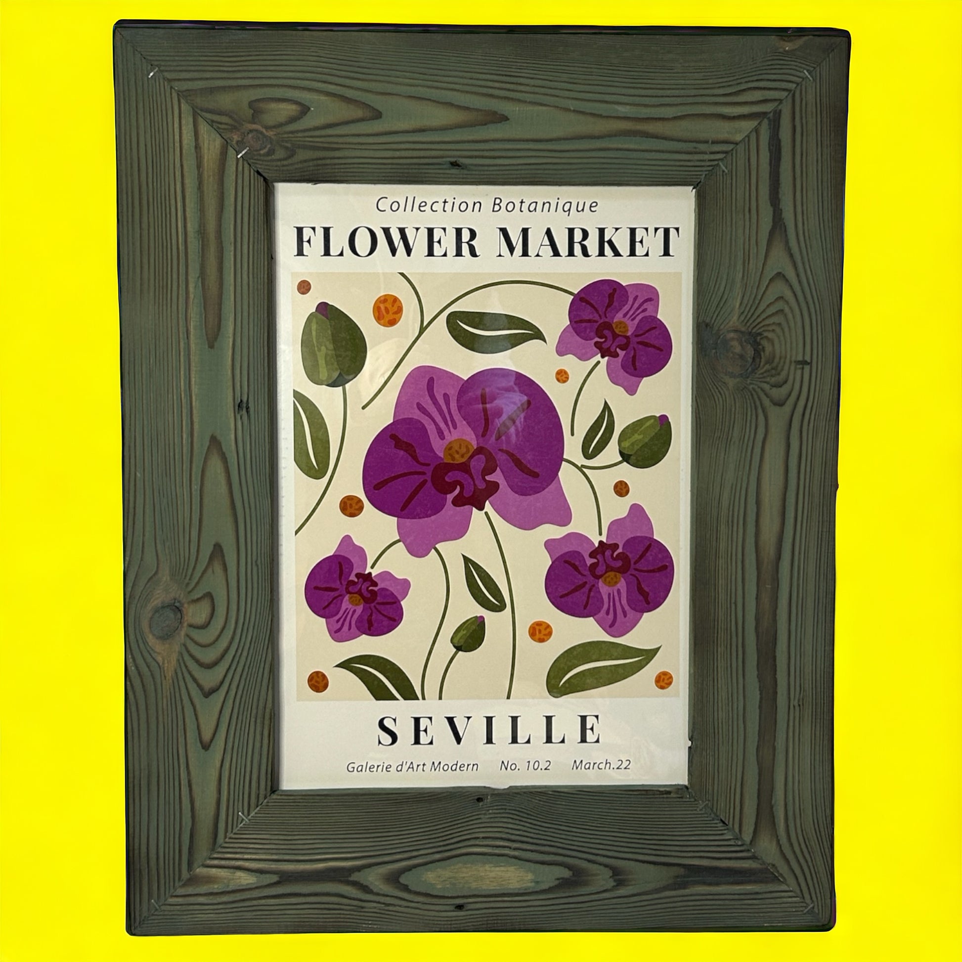 Flower Market Seville Print in Green Timber Cladding Effect Reclaimed Frame. 