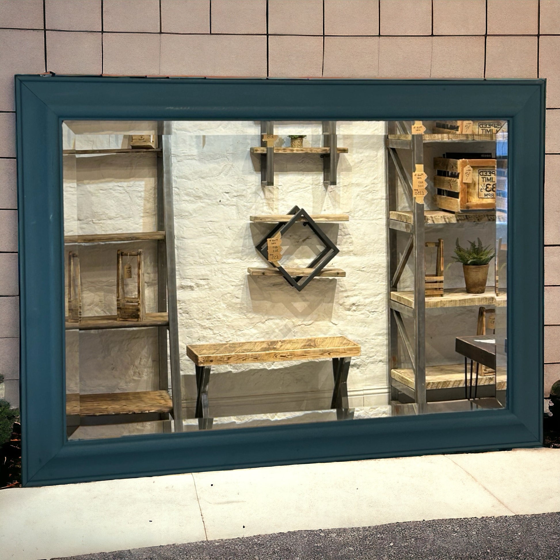 Green Painted Reclaimed Wood Framed Mirror. 